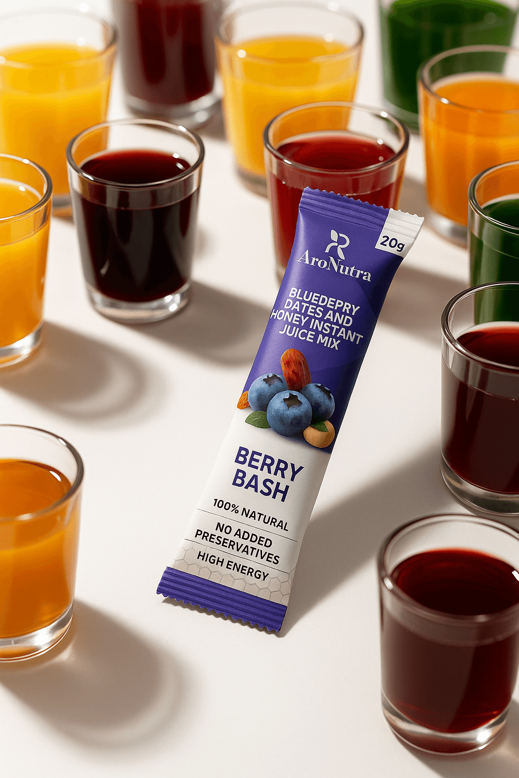 A vibrant glass of AroNutra juice with fresh fruit